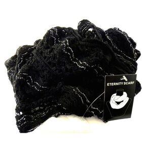 Eternity Scarf Ruffled Black Silver Metallic Multiple Wrap Lots of Stretch NEW